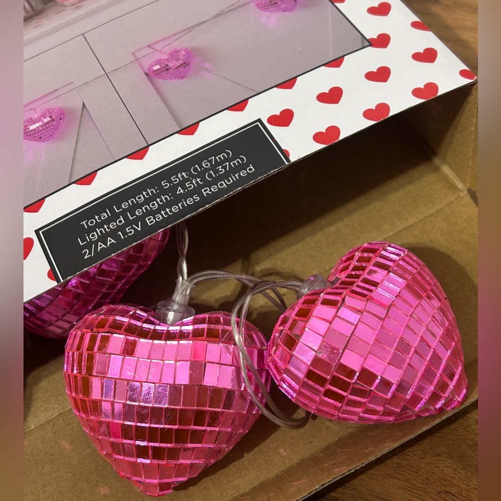 Pink Disco Hearts String Lights 10 LED 5.5ft Hobby Lobby Valentines Hearts NEW